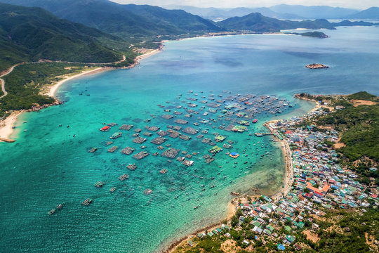 Aerial view of Binh Hung island and road from Cam Ranh to Phan Rang, Ninh Thuan, Vietnam