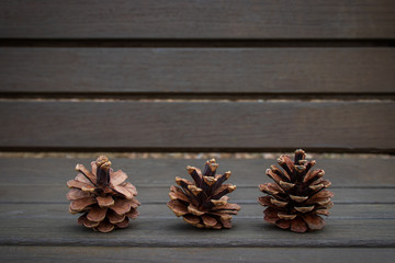 Pine cones on dark wooden background.