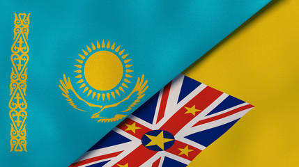 The flags of Kazakhstan and Niue. News, reportage, business background. 3d illustration