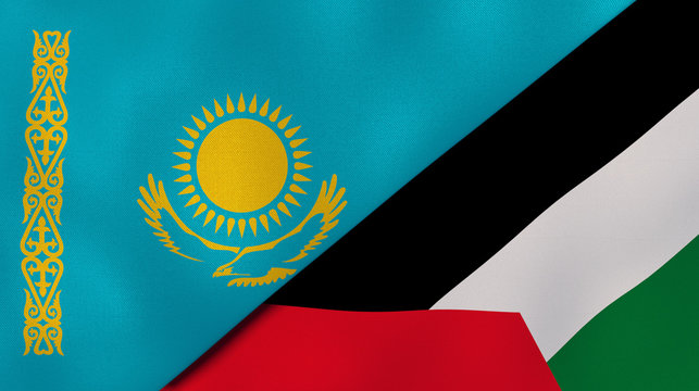 The flags of Kazakhstan and Palestine. News, reportage, business background. 3d illustration