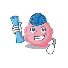 Cartoon character of anaplasma phagocytophilum brainy Architect with blue prints and blue helmet