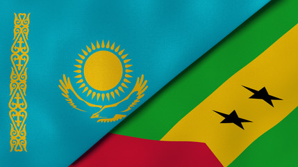 The flags of Kazakhstan and Sao Tome and Principe. News, reportage, business background. 3d illustration