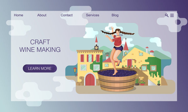 Beautiful young woman is crushing grapes with her feet while dancing in wooden vat on background of Italy village. Vector website landing page design template