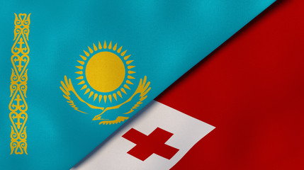 The flags of Kazakhstan and Tonga. News, reportage, business background. 3d illustration
