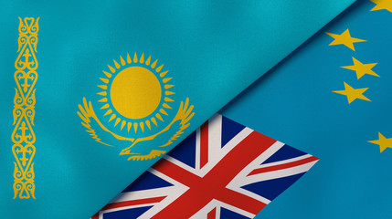 The flags of Kazakhstan and Tuvalu. News, reportage, business background. 3d illustration