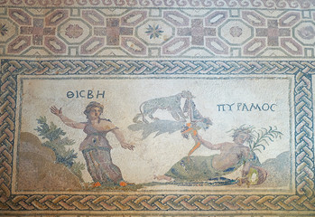 Fototapeta na wymiar Pyramos and Thisbe mosaic floor in the villa of Dionysos. Paphos Archaeological Park. Cyprus