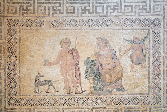 Phaedra and Hippolytos mosaic floor in the villa of Dionysos. Paphos Archaeological Park. Cyprus