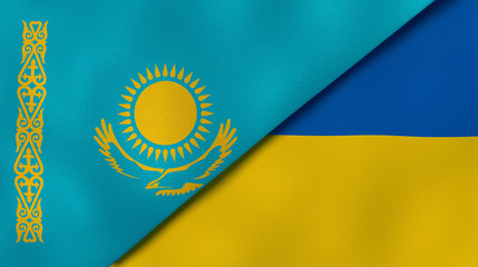 The flags of Kazakhstan and Ukraine. News, reportage, business background. 3d illustration