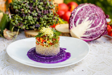 vegetarian food, rice with vegetables and greens, healthy food on a decorated table