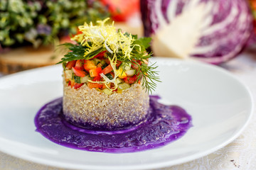 vegetarian food, rice with vegetables and greens, healthy food on a decorated table