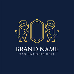 Line art of lion pose Stand, golden color, with a dark background