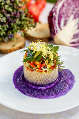 vegetarian food, rice with vegetables and greens, healthy food on a decorated table