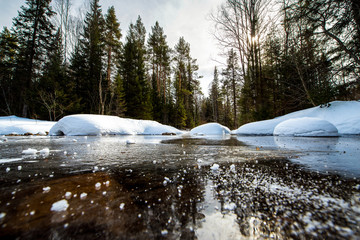 already slightly thawed, the river sheds its ice shackles after winter in the Taganay national Park