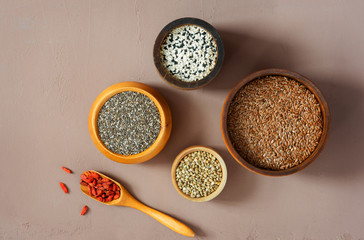 Healthy diet different seeds, chia, sesame, hemp, flax and goji berries
