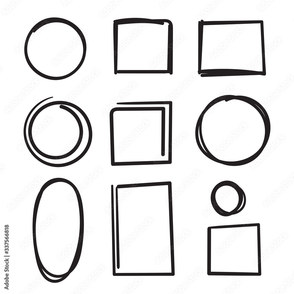 Wall mural hand drawn circle and square frame collection illustration with doodle style vector isolated