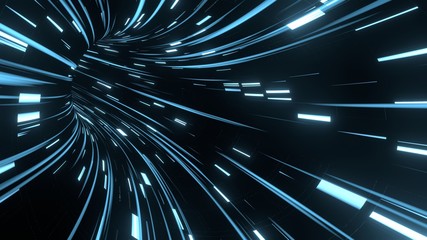 3D Rendering of abstract fast moving stripe lines with glowing sun light flare. High speed motion blur. Concept of leading in business, Hi tech products, warp speed wormhole science. - obrazy, fototapety, plakaty