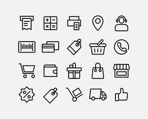 Shopping and e-commerce icons set vector line style, editable stroke