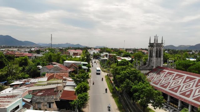 Aerial view of Ha Dua Dien Khanh Cathedral, the oldest church in Nha Trang, Khanh Hoa, Vietnam. It was built around 1740 by missionaries and restored in 1971 by the French