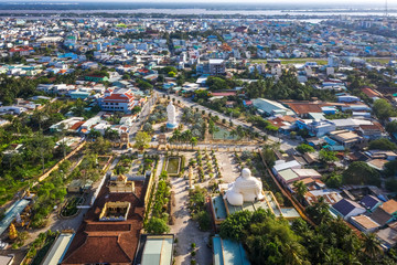 Obraz premium Aerial view of Vinh Trang pagoda. A historical - cultural monument that attracts visitors in My Tho, Tien Giang, Vietnam. Near Ben Tre. Mekong Delta
