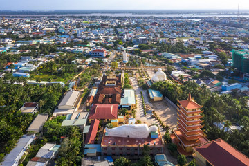 Aerial view of Vinh Trang pagoda. A historical - cultural monument  that attracts visitors in My Tho, Tien Giang, Vietnam. Near Ben Tre. Mekong Delta