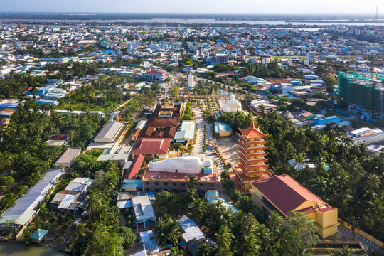 Aerial view of Vinh Trang pagoda. A historical - cultural monument  that attracts visitors in My Tho, Tien Giang, Vietnam. Near Ben Tre. Mekong Delta