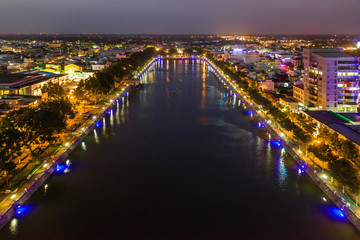 Aerial view of Gieng Nuoc Lon lake in park of  My Tho town center. Tien Giang, Vietnam. Mekong Delta. Near Ben Tre