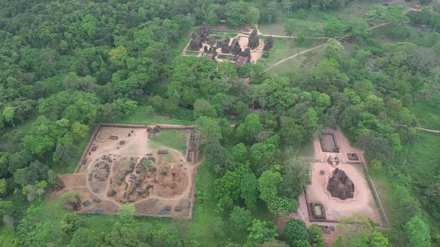 Aerial view of My Son champa tower. Old Brick cham towers in Quang Nam, landmark Vietnam. Asia Travel concept. Journey through Vietnam Concept