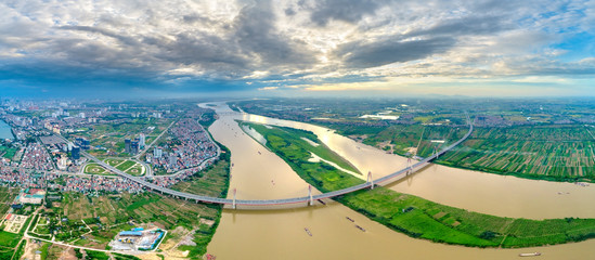 Aerial view of Nhat Tan bridge in Ha Noi, Vietnam. Nhat Tan Bridge is a bridge crossing the Red...