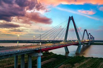 Fototapeta na wymiar Aerial view of Nhat Tan bridge in Ha Noi, Vietnam. Nhat Tan Bridge is a bridge crossing the Red River. Panorama