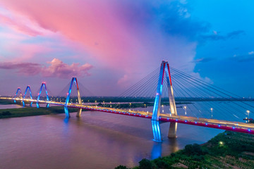 Aerial view of Nhat Tan bridge in Ha Noi, Vietnam. Nhat Tan Bridge is a bridge crossing the Red River. Panorama