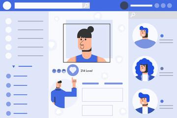 Man give love symbol to picture of girl on social media website. Concept social network vector illustration.