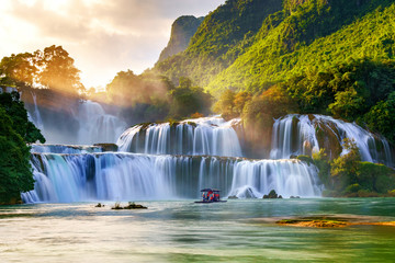 Fototapeta premium Royalty high quality free stock image aerial view of “ Ban Gioc “ waterfall, Cao Bang, Vietnam. “ Ban Gioc “ waterfall is one of the top 10 waterfalls in the world. Aerial view.