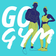 Illustrations of male and female exercise in the gym