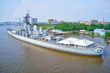 Fototapeta na wymiar A Decommissioned Battleship on Delaware River in New Jersey
