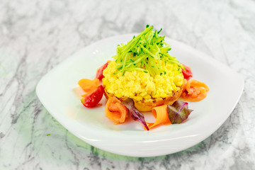 omelet with fish and vegetables, beautiful serving