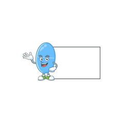 An image of blue capsule with board mascot design style