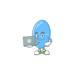 Diligent blue capsule mascot design style working from home with laptop