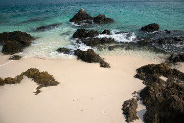Beautiful tropical Thailand island panoramic with beach, white sea and coconut palms for holiday vacation background concept