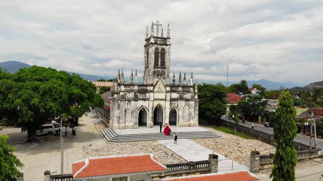Aerial view of Ha Dua Dien Khanh Cathedral, the oldest church in Nha Trang, Khanh Hoa, Vietnam. It was built around 1740 by missionaries and restored in 1971 by the French
