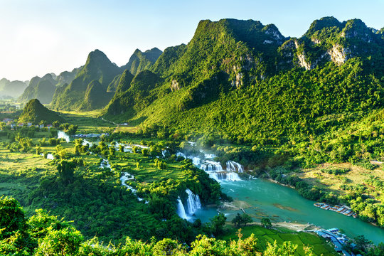Royalty high quality free stock image aerial view of “ Ban Gioc “ waterfall, Cao Bang, Vietnam. “ Ban Gioc “ waterfall is one of the top 10 waterfalls in the world. Aerial view.