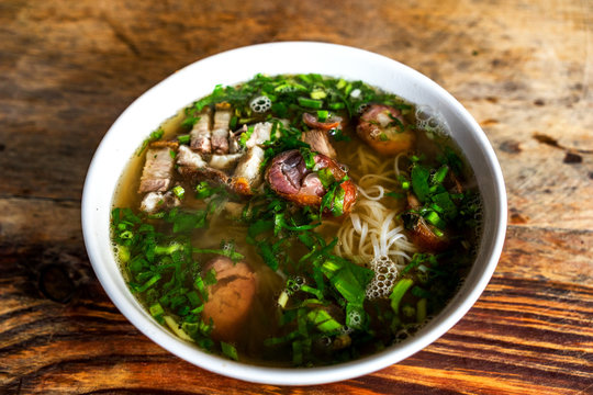 Traditional vietnamese noodle soups pho. " Pho Vit " vietnamese food or noodle soups and Duck meat in Cao Bang province, Vietnam. Vietnamese soups in bowl. Asian/vietnamese food background.
