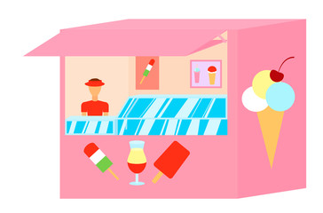 Cartoon flat style kiosk with ice cream.  pink stall  on  white