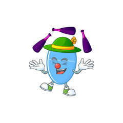 mascot cartoon style of blue capsule playing Juggling on stage