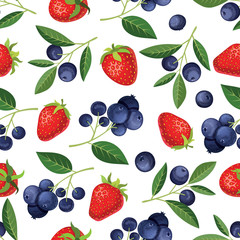 Blueberries and strawberries with leaves on a white background.