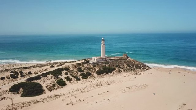 Aerial view of Cape Trafalgar lighthouse,  Cadiz, south-west of Spain. Atlantic Ocean, northwest of the Strait of Gibraltar. In 1805 naval Battle of Trafalgar took place here