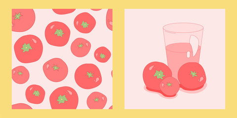 illustration with glass of tomato juice and vegetable seamless pattern with red tomatoes on a light background. Modern abstract design for paper, cover, fabric, interior decor