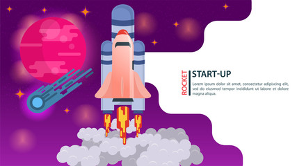 banner space Shuttle rocket takes off into space fast startup for web and mobile sites design flat vector illustration