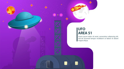 banner UFO flying saucer hovering over the hangar area 51 for web and mobile sites design flat vector illustration