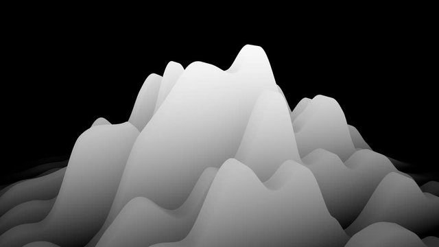 Waving white layers forming minimalistic topographic surface on black background, isometric view. Abstract CG animation loop. 3d rendering.