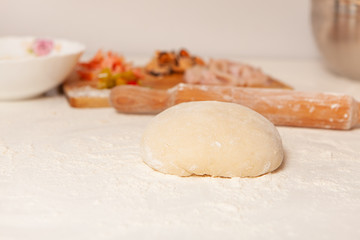 Preparation of the dough for pizza. Hands prepare the dough